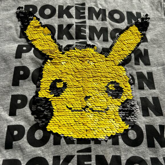 Pokemon Girls XS Graphic Tee Shirt Pikachu Sequins Gray Yellow - Picture 2 of 4
